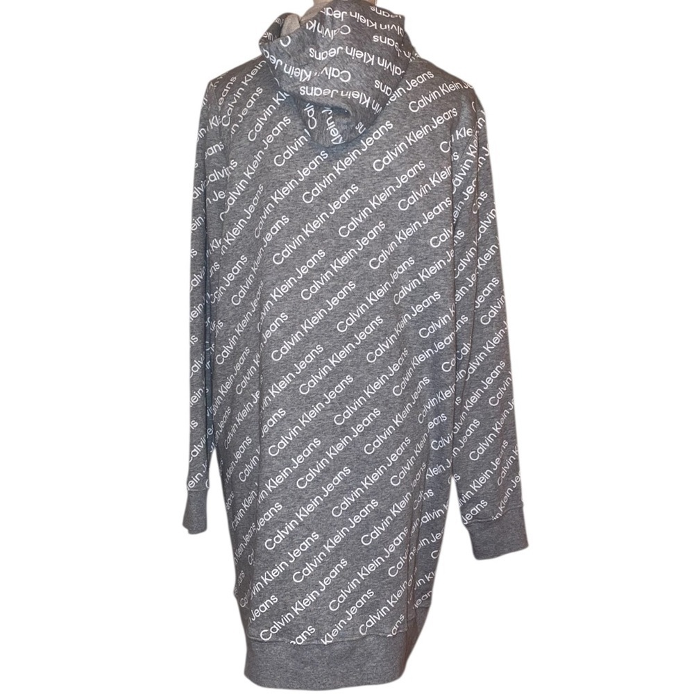 CALVIN KLEIN Allover Logo Print Hooded Mini Dress Gray and White in Size LARGE - Picture 2 of 9